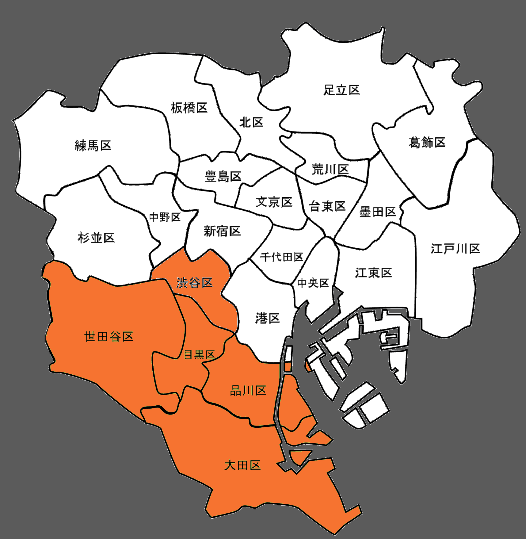 城南エリア（世田谷区・目黒区・品川区・大田区・渋谷区）の位置を示した東京23区の地図